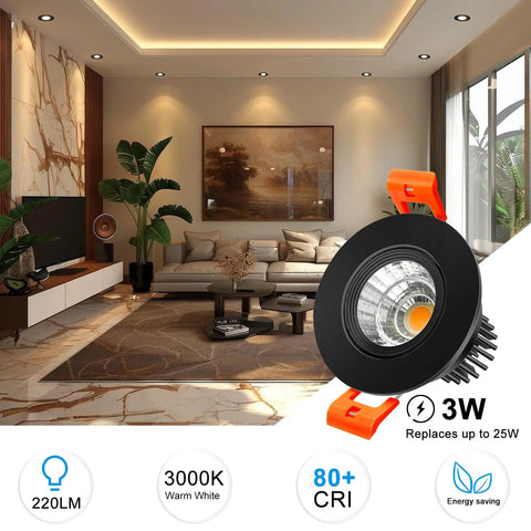 Modern living room with 2 Inch LED Downlight Recessed Lighting 3W COB Dimmable Warm White 3000K CRI 80 Black Trim kit