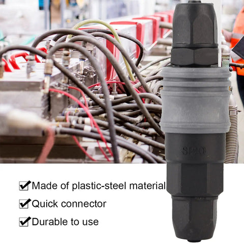 Ten Piece 8mm C Type Push In Self Locking Air Fittings Set Plastic Quick Connectors For Pneumatic Systems Compatible With Industrial Compressed Air Tools displayed with machinery background.