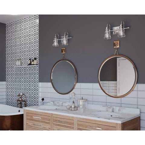 Litchfield Two Light Chrome Bath Vanity Light Fixture above dual mirrors in modern coastal bathroom with spa-like decor.