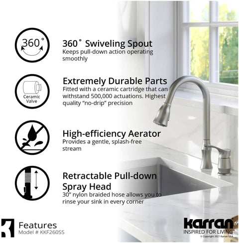 Hillwood Single Handle Two Hole Kitchen Faucet With Pull Down Sprayer Chrome Finish in modern kitchen setting with features listed: 360° swiveling spout, durable ceramic valve, high-efficiency aerator, retractable spray head.