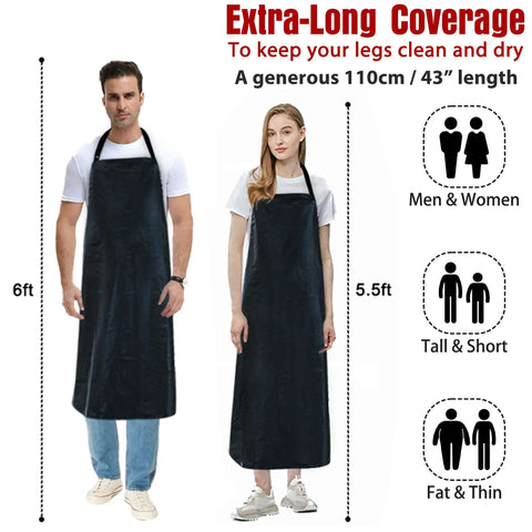 Man and woman wearing extra long waterproof vinyl apron with adjustable neck strap and long waist ties for cooking and cleaning.