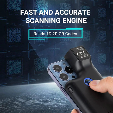 Back Clip Wireless Barcode Scanner 1D 2D QR Portable 3 In 1 2.4GHz Wireless USB Wired Bluetooth Pocket Reader attached to smartphone