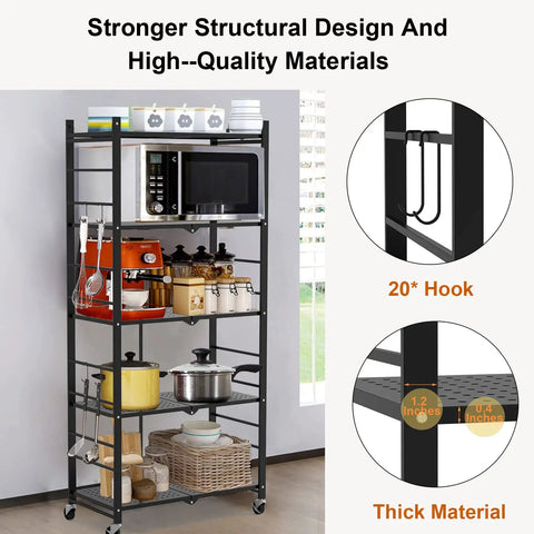 Slick Black Five Tier Foldable Storage Shelf With Casters And Twenty Hooks Quick Kitchen Pantry Cleanup No Fuss Assembly Solid Build For Tight Spaces And Daily Hauls displaying kitchen items like a microwave, pots, and coffee maker.
