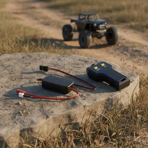 Heavy Duty Electric Rc Winch For 1/10 Scale Crawler Cars With Dual Control And Sturdy Metal Build on a rock with remote.