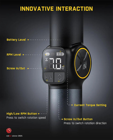 Close-up of control panel of High Performance Pivot Handle Electric Screwdriver Featuring Live Torque Display And Eight Adjustable Settings.