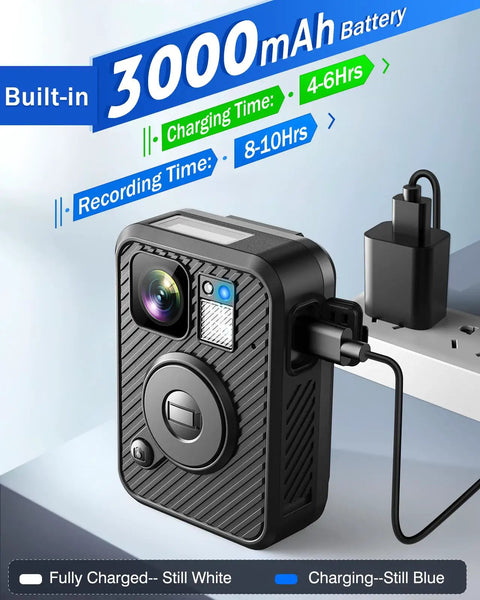F2 128GB Dual Screen Body Camera With GPS 2K Video And 40MP Photos charging on a power strip with built-in 3000mAh battery