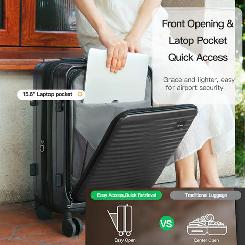 Front view of black 20-inch expandable hardside carry-on luggage with front laptop pocket and spinner wheels