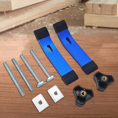 Solid Blue Aluminum T Track Hold Down Clamps For CNC Routers And Drill Presses Durable Slot Fixtures With Strong Grip on wooden surface.