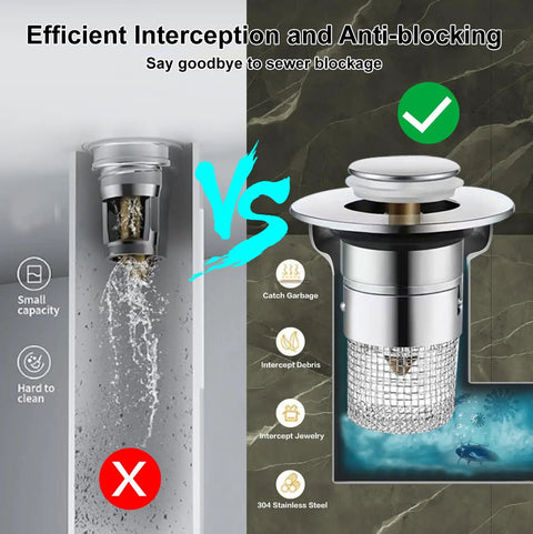 Heavy Duty Stainless Steel Sink Drain Strainer And Stopper side-by-side comparison of ineffective and effective drainage solutions.