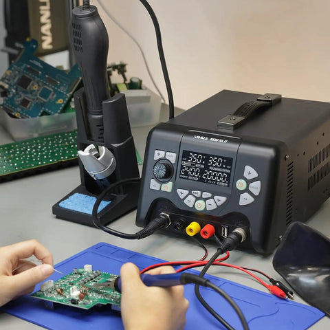 Three In One Hot Air Rework Soldering Station With DC Power Supply 30V 5A used for electronics repair on circuit board
