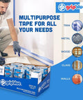 Man applying Blue Painter's Tape Pro-Grade 1.5 Inch Wide for clean lines on trim, box showing 30 rolls, suitable for multi-surface use.