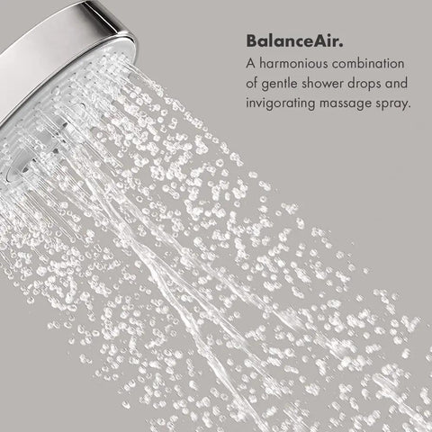 Rain Showerhead With Air Infusion Three Spray Modes BalanceAir Whirl RainAir With AirPower And QuickClean Chrome Finish Delivers Spa Vibe Shower Experience At Up To 2 GPM in use, BalanceAir spray visible