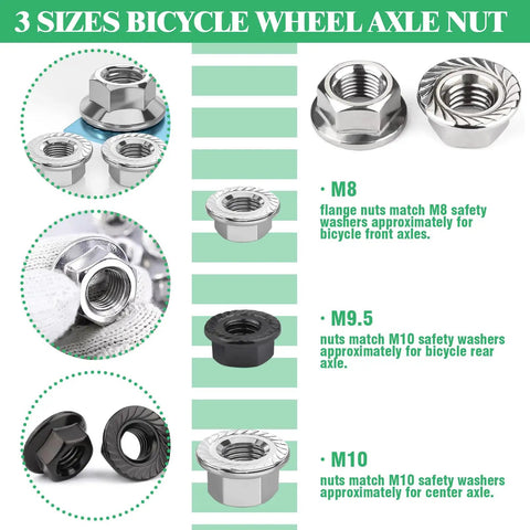 Three bicycle hub nuts M8, M9.5, M10 with safety washers 16Pcs Bicycle Hub Nut And Safety Washer Kit With 3 Size Nuts