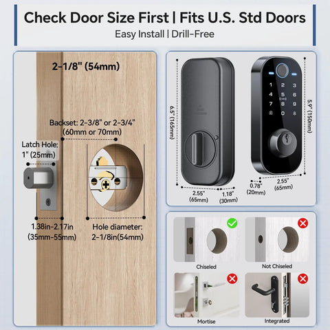 Heavy Duty Smart Deadbolt Door Lock Featuring Dope Fingerprint Scanning Kicking Stubborn Physical Keys To The Curb For Zero Stress App Managed Wifi Entry And Sleek Matte Black Exterior Today, installation guide image showing door measurements.