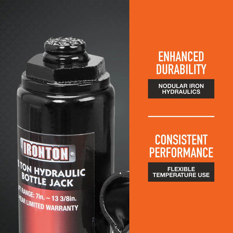 Built Like A Tank 2 Ton Hydraulic Bottle Jack For Garage Crews Daily Drivers And Pros Featuring Heavy Steel Body And Grease Resistant Finish To Power Through Tough Lift Tasks close-up of valve on black nodular iron hydraulic bottle jack