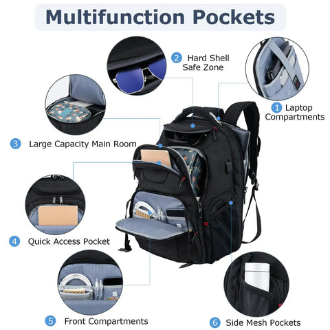 17.3 Inch Travel Laptop Backpack With TSA Friendly Layout, featuring multifunction pockets and compartments, black