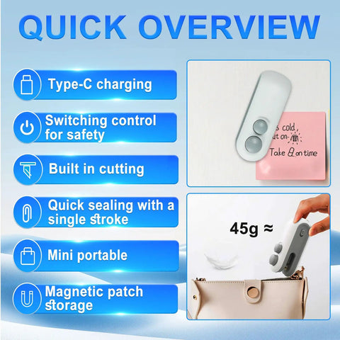 2 In 1 Mini Bag Sealer With Cutter Rechargeable Portable Heat Sealer for Chip Bags shown on blue background with features