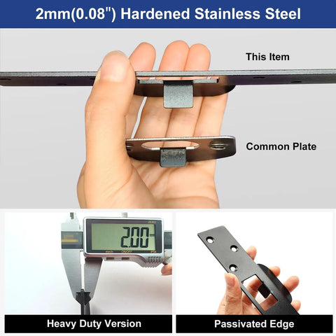 Heavy Duty Security Strike Plate With Integrated Anti Kick Barricade Pins For Badass Front Door Reinforcement And Double Layer Home Protection That Locks Everything Down Tight, showing thickness and details.