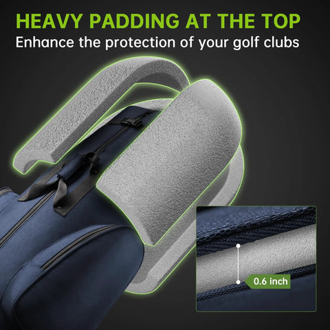Heavy-duty durable golf travel bag with wheels featuring 0.6-inch thick padding at the top for enhanced club protection.