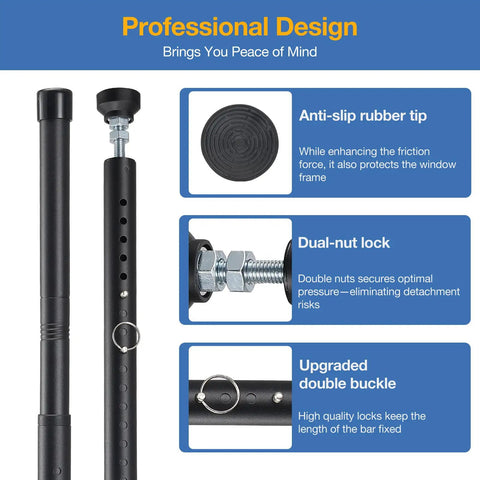 Adjustable Door Security Bar And Window Jammer, 18 To 50 Inch Reach, Heavy Duty Steel Build, 3 Pack Kick Proof Gate Blocker components showing anti-slip tip and dual lock features.