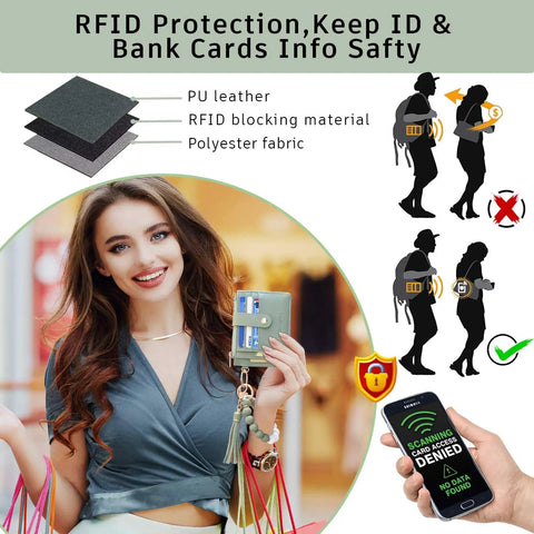 Woman holding Green Wristlet Wallet For Women With RFID Blocking Card Holder Zipper Coin Pocket ID Window Detachable Slim Card Case