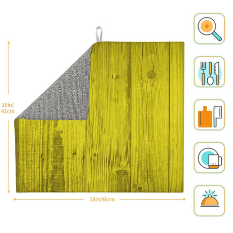 Wood Grain Print Microfiber Dish Drying Mat For Kitchen Counter, Ultra Absorbent Surface, Machine Washable Rack Pad, 16x18 Inch Quick Dry Dish Pad, Keeps Counters Dry, Mess Free, shown folded to reveal non-slip back and measurements