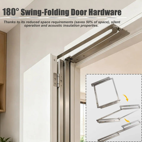 No Sweat 180 Degree Folding Door Hardware Heavy Duty Wall Hugger Pivot Hinge Kit showing smooth gliding stainless steel hinges.