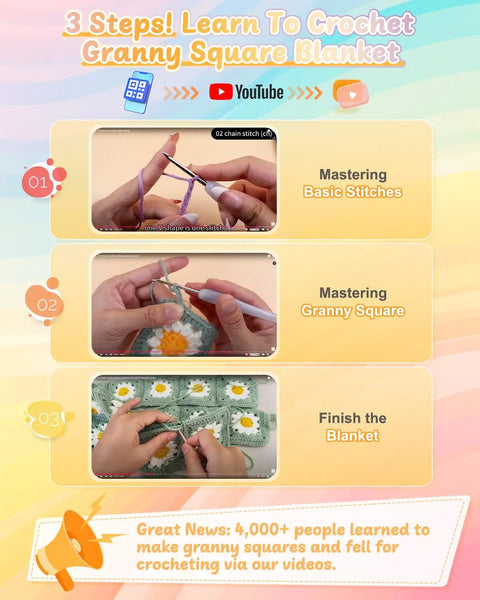 Step-by-step video guide for Beginner Crochet Kit With Easy Yarn Pack For A Cozy Granny Square Blanket showing hands crocheting.