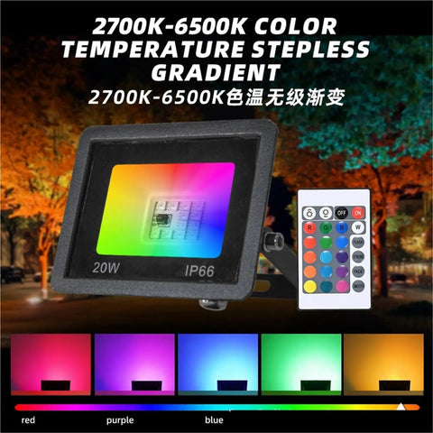 Top Shelf SmartRGB Outdoor Floodlight 50W LED Spotlight with Wifi App Control showcasing gradient colors and remote.