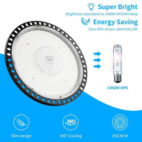 UFO LED High Bay Light 200W 5000K IP65 With US Plug Wicked Bright features 360° cooling and energy-saving design next to HPS bulb.