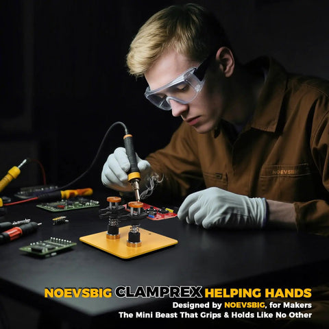 Person using Magnetic Helping Hands Clamp Dual Head Soldering Holder for Small Electronics and PCB Repair on a table