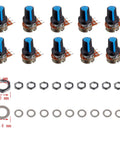 10K Ohm Knurled Shaft Rotary Potentiometer Kit For DIY Electronics 10 Pieces With 3 Terminals Linear Taper Carbon Film Variable Resistors And Blue Knobs Perfect For Precise Volume Tone Control In Custom Wiring Projects