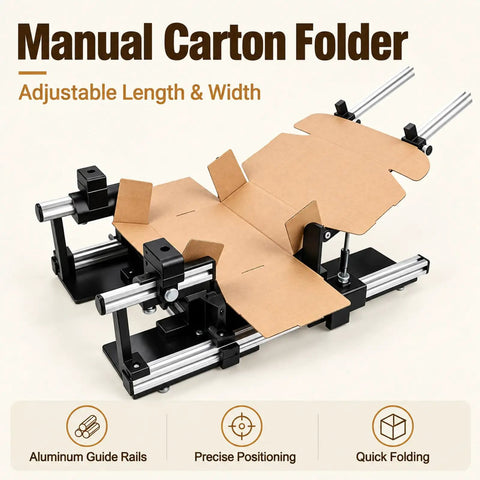 Manual Box Assisted Folding Tool For Packing Stations Featuring Adjustable Grip Clip For Smooth Carton Assembly And No Sweat Shipping Prep At Ecommerce Hubs Or Home Work Desks showing adjustable length and width features with aluminum guide rails.