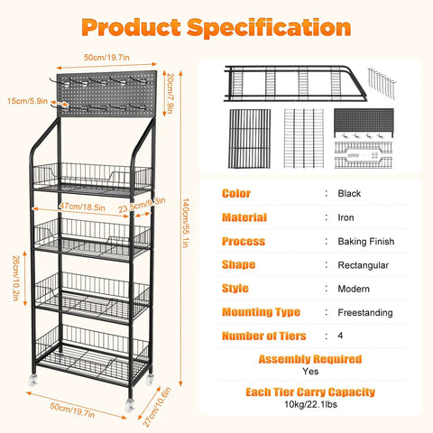 Heavy Duty Four Tier Mesh Display Rack With Ten Secure Hooks Mobile Snack Organizer Cart Featuring Smooth Gliding Locking Casters detailed specs image with measurements and material.