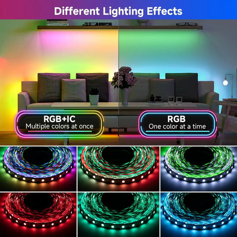 Individually Addressable RGB LED Strip 5V 144 LEDs 3.28ft with pure gold wires showing multiple lighting effects in a room demo.