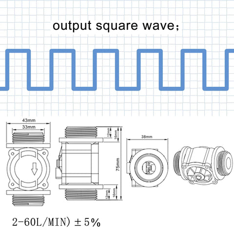 Diagram of Water Flow Hall Effect Sensor Switch and Flow Meter 1-60 L/min, 5-18V DC, showing square pulse output and dimensions.