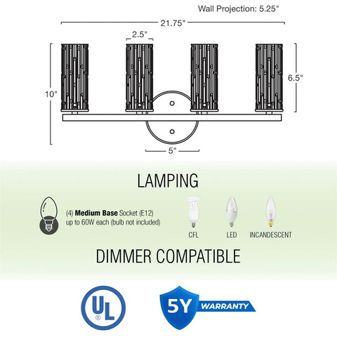 Diagram and specifications of Ophelia 22 Inch Modern Four Light Vanity Fixture With Cylinder Hand Cut Glass Shades