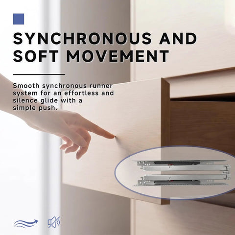 Smoove 21 Inch Undermount Drawer Slides Soft Close Heavy Duty Silent Glide For Kitchen Cabinet Reno 70 Lb Load Capacity Fits 1/2 Or 5/8 Inch Panel 6 Pair Whisper Quiet Smooth Rolling Track shown in use with finger pressing on drawer.