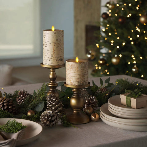 Elegant table setting with Birch Bark Wrapped Flameless LED Candle With Moving Flame, Battery Operated 3.5 By 4.5 Inch Pillar Light