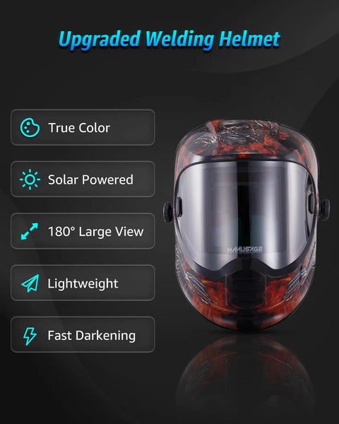 Front view of Solar Powered Auto Darkening Welding Helmet With Wide Shade 9 13 For TIG MIG ARC Welding Hood Adjustable