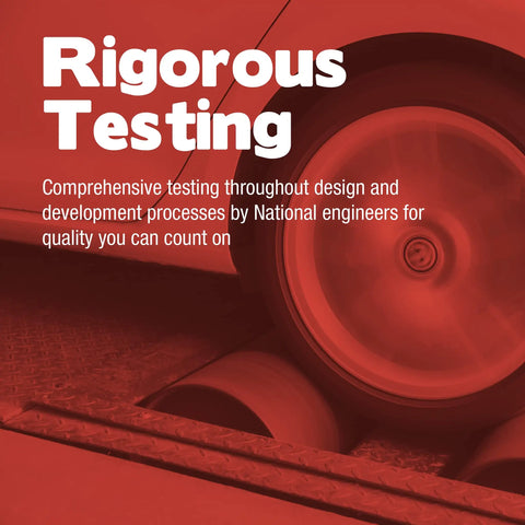 Image of a car wheel undergoing rigorous testing on rollers with text 'Rigorous Testing' and details on quality assurance.