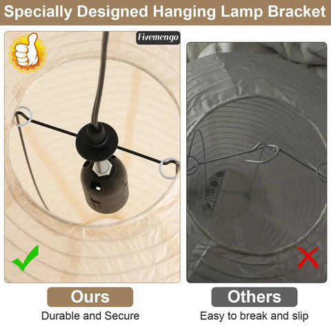 Twenty Inch Off White Japanese Rice Paper Lantern Plug In Pendant Light With Adjustable Cord Sets showing secure hanging lamp bracket design.