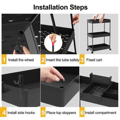 Installation steps for Space Saving Slim Storage Cart With 3 Tier Rolling Utility Smart Organizer Fits Tight Spots In Narrow Gaps In Bathroom Kitchen Laundry Or Office Black.
