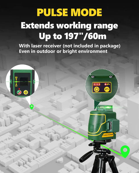 Three-Plane 3D Laser Level Kit with 3x360 self-leveling green cross lines in pulse mode extending working range on tripod