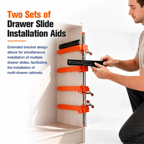 Pro Grade Drawer Slide Installation Jig With Knockout Toggle Clamp And Magnetic Aligner for precise installation of multiple drawer slides.