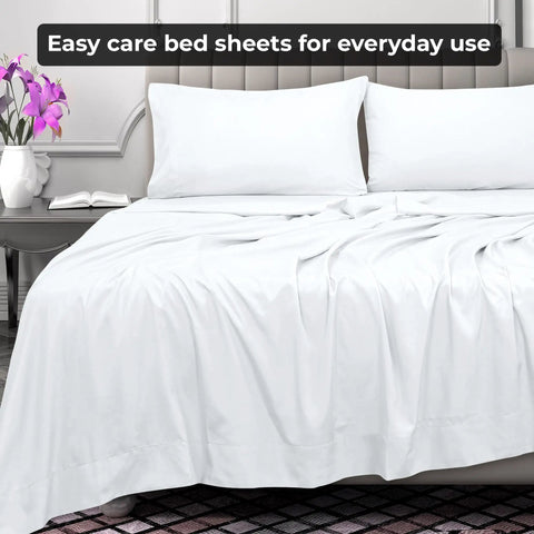 Super Soft Double Brushed Microfiber Full Flat Sheet Only Wrinkle Free Stain Resistant Hotel Quality Top Sheet For Your Full Size Bed In White, laid on a bed.