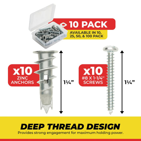Heavy Duty Zinc Self Drilling Drywall Anchor Kit With Screws showing 10 zinc anchors and 10 screws in a clear storage case.