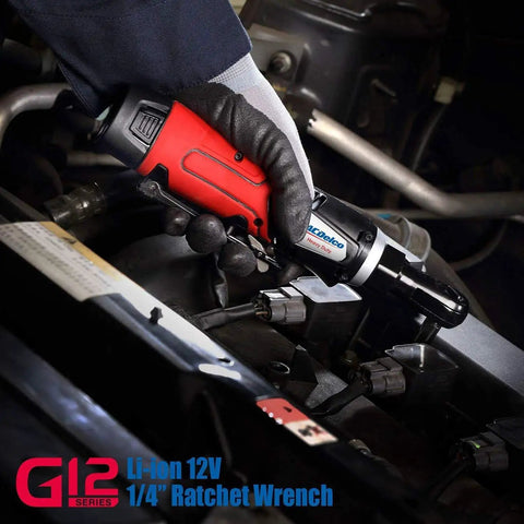 Mechanic using Cordless Ratchet Wrench Combo Kit With Three Eighths Inch And Quarter Inch Heads Forty Five Foot Pounds And Thirty Foot Pounds Torque 240 RPM All In One Pro Grade Electric Ratchet Set Includes One Li Ion Battery And Charger Canvas Bag For Auto Repairs on engine