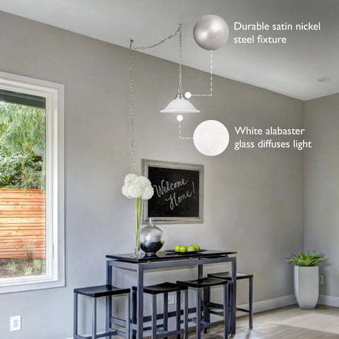 Single Light Pendant With Satin Nickel Finish And Alabaster Glass Shade Dimmable And Flexible Hardwired Or Plug In Over Dining Table