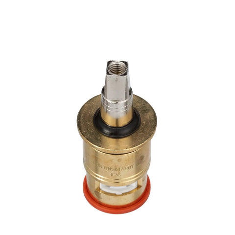 Short Hot Replacement Faucet Cartridge With One Quarter Turn Ceramic Disc Lead Free Polished Chrome Finish Durable Hot Water Tap Cartridge for Commercial Faucets Compatible With Major Commercial Brands, showing top view with brass and chrome details.